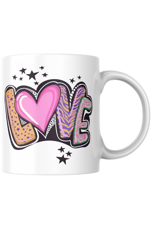 Win Ovro Premium Ultra Beyaz Porselen Kupa Bardak Çift Yönlü Baskılı - Love Yazı Desenli Renkli