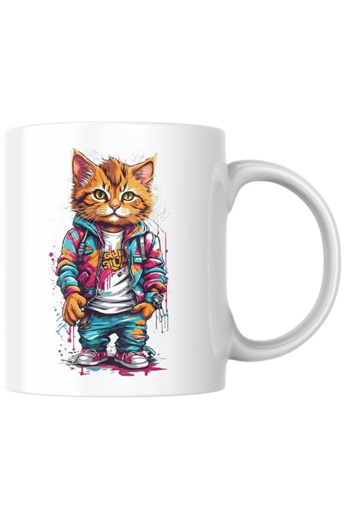 Win Ovro Premium Ultra Beyaz Porselen Kupa Bardak Çift Yönlü Baskı - Kedi Cat Renkli Art Tasarım