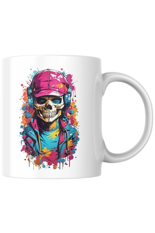 Win Ovro Premium Ultra Beyaz Porselen Kupa Bardak Çift Yönlü Baskı - Kulaklık Kuru Kafa Tasarım