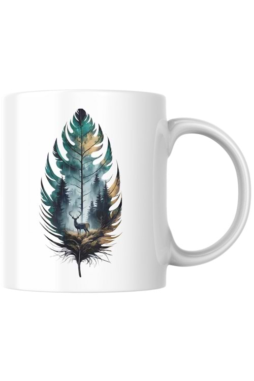 Win Ovro Premium Ultra Beyaz Porselen Kupa Bardak Çift Yönlü Baskı - Geyik Yaprak Doğa Tasarım