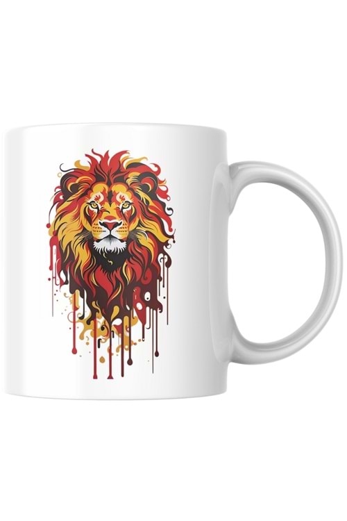 Win Ovro Premium Ultra Beyaz Porselen Kupa Bardak Çift Yönlü Baskı - Aslan Renkli Tasarım