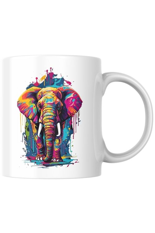 Win Ovro Premium Ultra Beyaz Porselen Kupa Bardak Çift Yönlü Baskı - Fil Renkli Tasarım İllüstrasyon