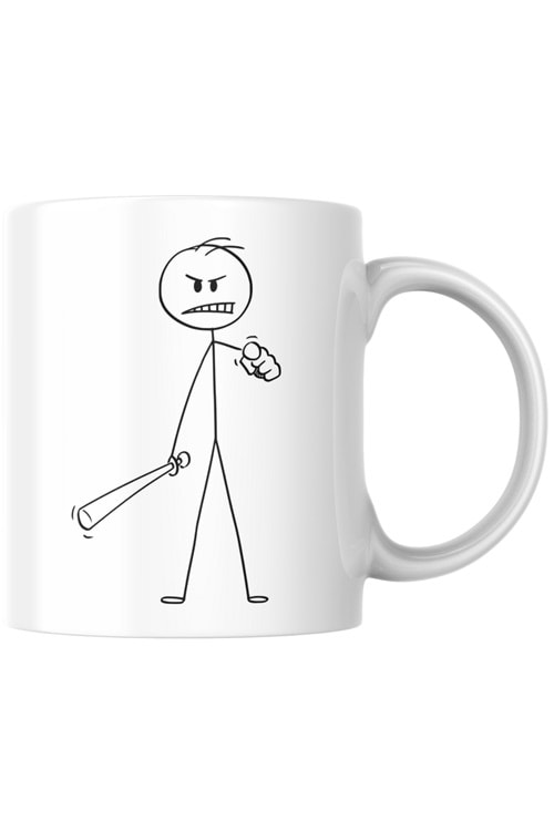 Win Ovro Premium Beyaz Porselen Hediye Kupa Bardak Çift Yönlü Baskı - Çizgiyle Anlat Çöp Adam Kızgın