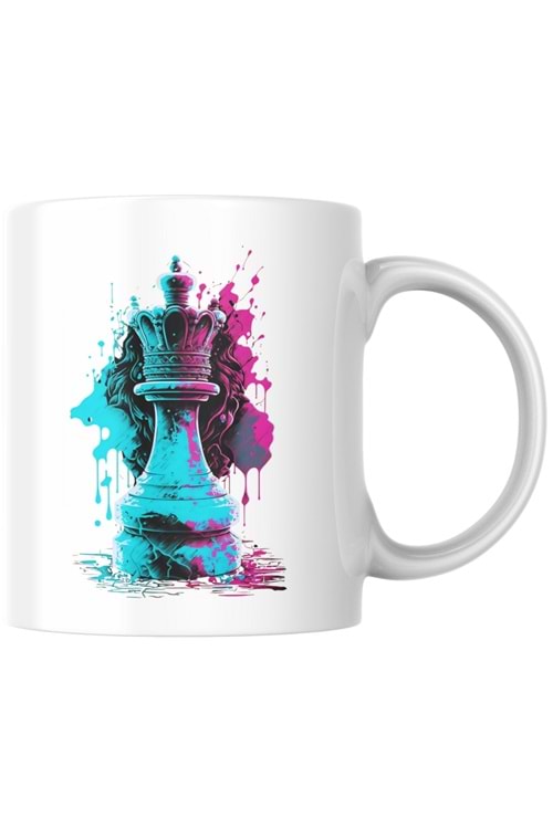 Win Ovro Premium Beyaz Porselen Hediye Kupa Bardak Çift Yön Baskı - Şah Kral Satranç Renkli Chess