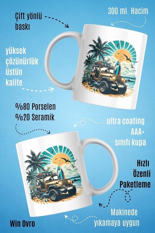 Win Ovro Premium Beyaz Porselen Hediye Kupa Bardak Çift Yön Baskı - Off Road Rüyası