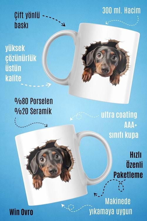 Win Ovro Premium Beyaz Porselen Hediye Kupa Bardak Çift Yön Baskı - Meraklı Pati