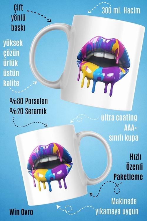 Win Ovro Premium Beyaz Porselen Hediye Kupa Bardak Çift Yön Baskı - Sanatsal Dudaklar Artistic Lips