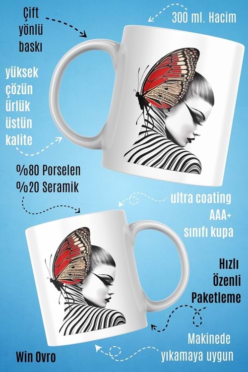 Win Ovro Premium Beyaz Porselen Hediye Kupa Bardak Çift Yön Baskı - Butterfly Effect Doğa ve Sanat