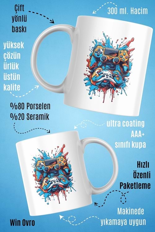 Win Ovro Premium Beyaz Porselen Hediye Kupa Bardak Çift Yön Baskı - Joystick Fırtınası PS Kol Art