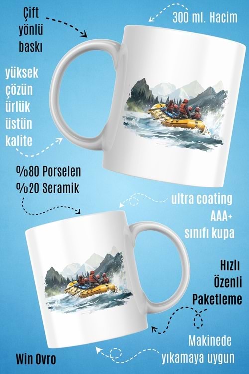 Win Ovro Premium Beyaz Porselen Hediye Kupa Bardak Çift Yön Baskı - Suya Yazılan Macera Rafting