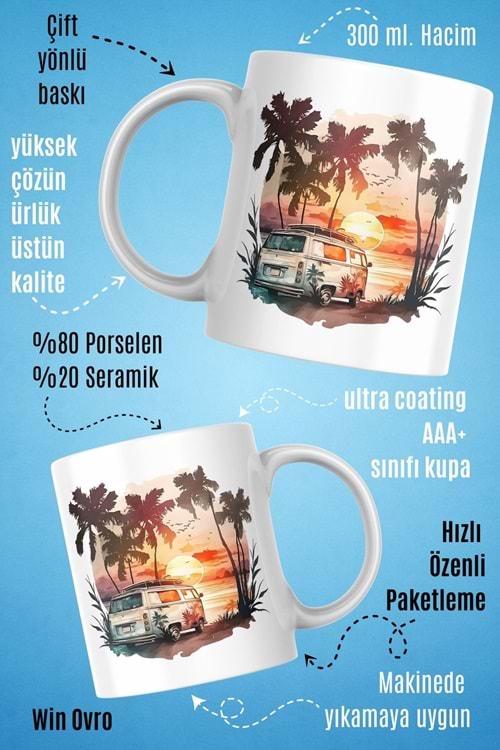 Win Ovro Premium Beyaz Porselen Hediye Kupa Bardak Çift Yön Baskı - Sun of The Mini Bus