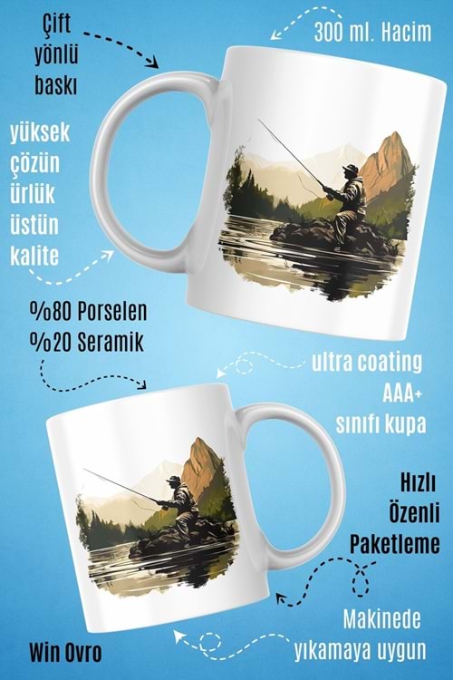 Win Ovro Premium Beyaz Porselen Hediye Kupa Bardak Çift Yön Baskı - Huzurun Doğası Nature Of Fish