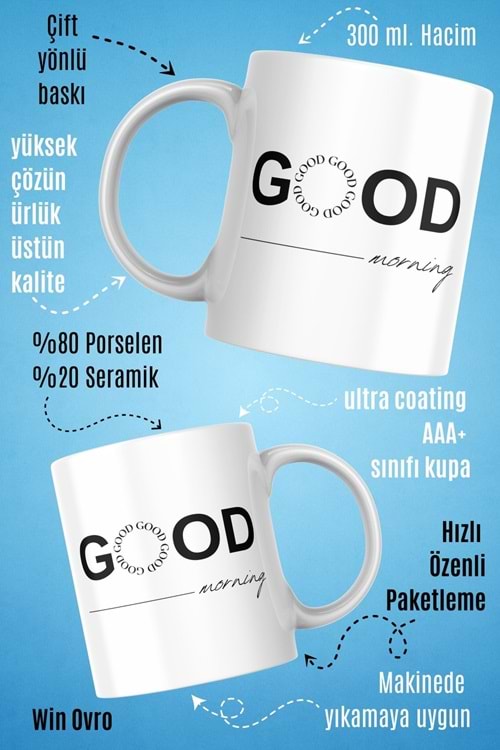 Win Ovro Premium Beyaz Porselen Hediye Kupa Bardak Çift Yön Baskı - Good Morning