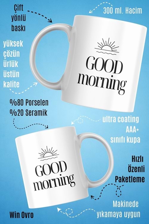 Win Ovro Premium Beyaz Porselen Hediye Kupa Bardak Çift Yön Baskı - Good Morning Sun