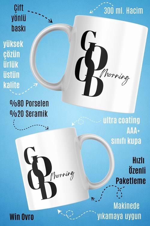 Win Ovro Premium Beyaz Porselen Hediye Kupa Bardak Çift Yön Baskı - Good Morning Style