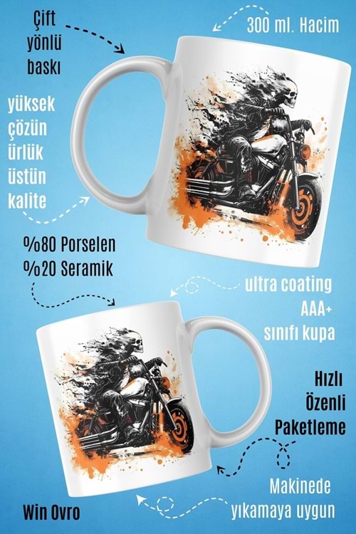 Win Ovro Premium Beyaz Porselen Hediye Kupa Bardak Çift Yön Baskı - Hot Motorcycle Art Motor