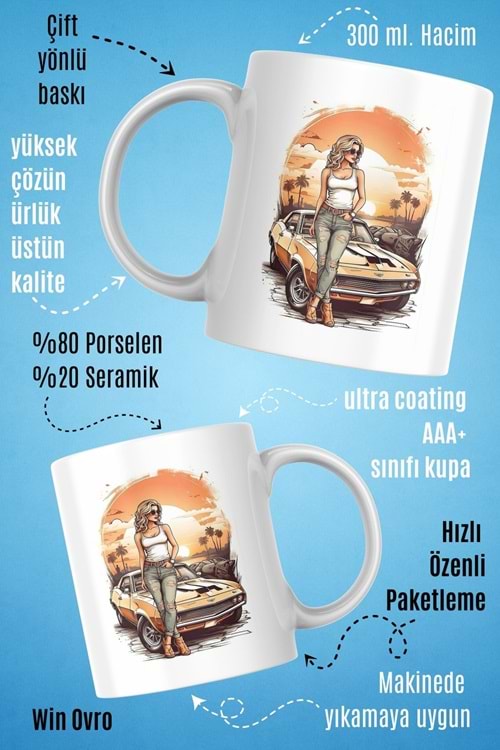 Win Ovro Premium Beyaz Porselen Hediye Kupa Bardak Çift Yön Baskı - Sun Car Beauty Güzele Güneş