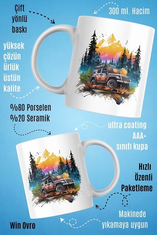 Win Ovro Premium Beyaz Porselen Hediye Kupa Bardak Çift Yön Baskı - Nature Car Off Road Jeep