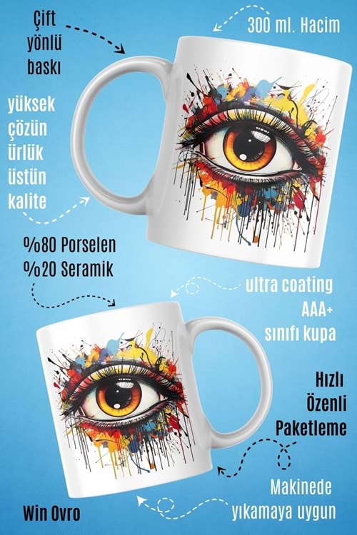 Win Ovro Premium Beyaz Porselen Hediye Kupa Bardak Çift Yön Baskı - Vision Splash Duygusal Patlama