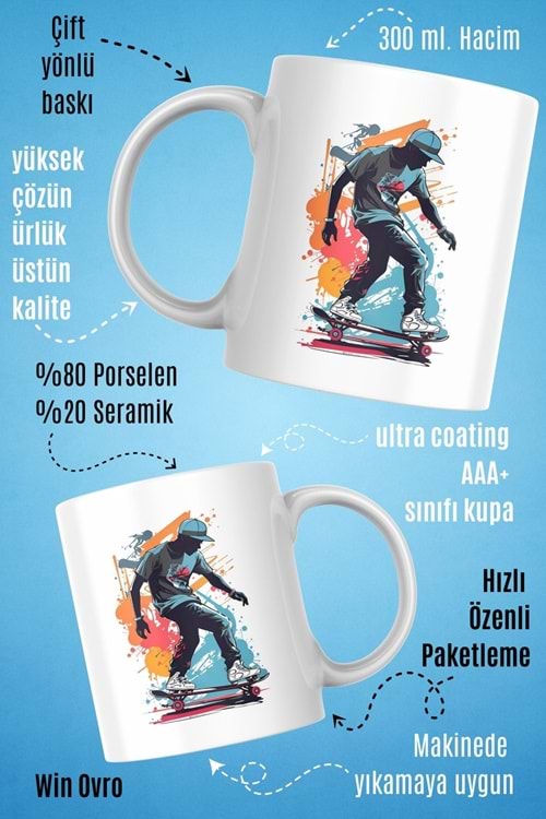 Win Ovro Premium Beyaz Porselen Hediye Kupa Bardak Çift Yön Baskı - Graffiti Skater Rengine KayKay