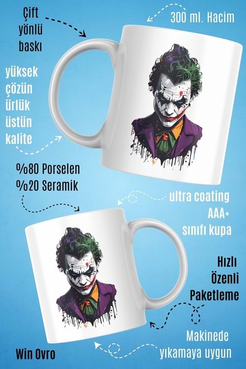 Win Ovro Premium Beyaz Porselen Hediye Kupa Bardak Çift Yön Baskı - Joker Renkli Tasarım