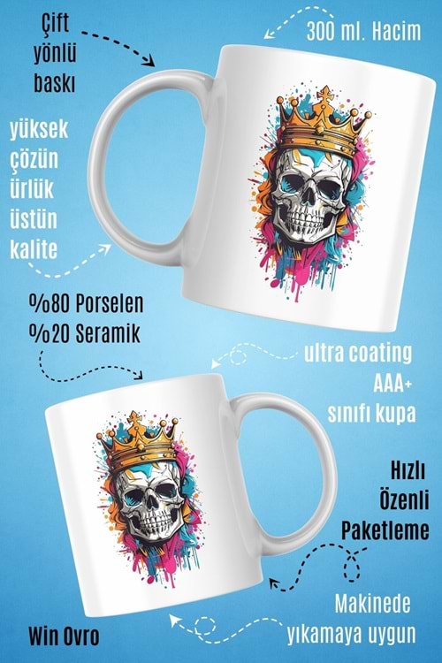 Win Ovro Premium Beyaz Porselen Hediye Kupa Bardak Çift Yön Baskı - Ölümsüz Kral Skeleton King
