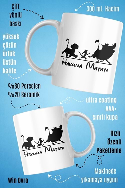 Win Ovro Premium Beyaz Porselen Hediye Kupa Bardak Çift Yön Baskı - Hakuna Matata
