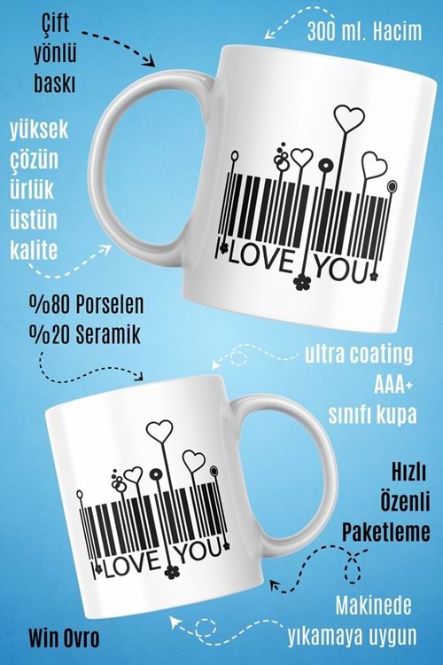Win Ovro Premium Beyaz Porselen Hediye Kupa Bardak Çift Yön Baskı - I Love You Barkot