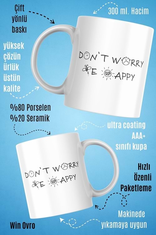 Win Ovro Premium Beyaz Porselen Hediye Kupa Bardak Çift Yön Baskı - Don’t Worry Be Happyy