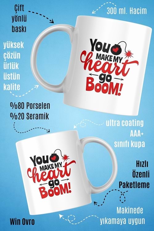 Win Ovro Premium Beyaz Porselen Hediye Kupa Bardak Çift Yön Baskı - Make My Heart go Boom