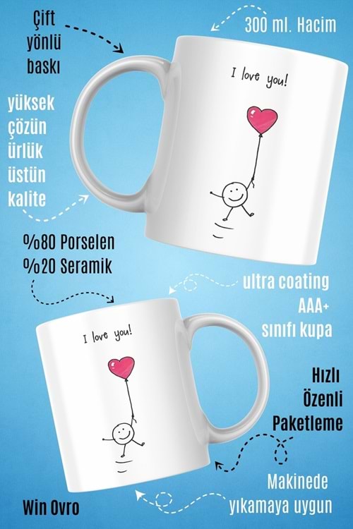 Win Ovro Premium Beyaz Porselen Hediye Kupa Bardak Çift Yön Baskı - I Love You Balon Kalp