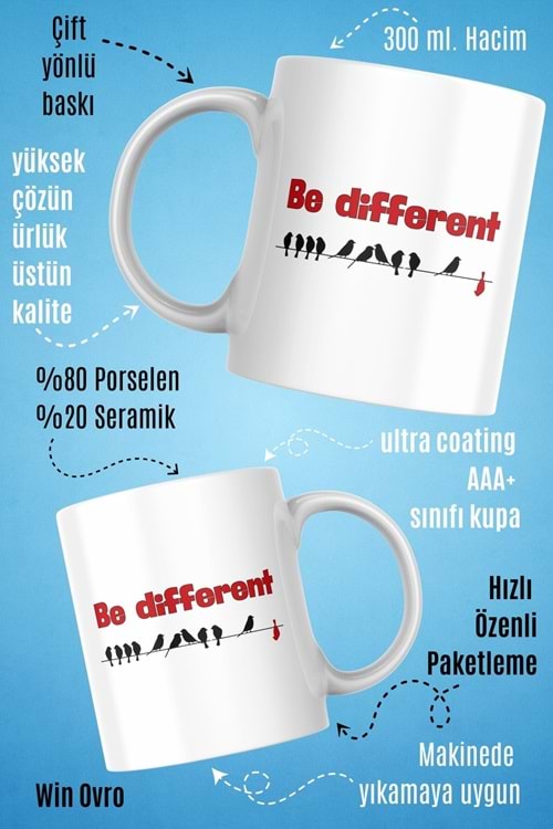 Win Ovro Premium Beyaz Porselen Hediye Kupa Bardak Çift Yön Baskı - Be Different Farklı Ol