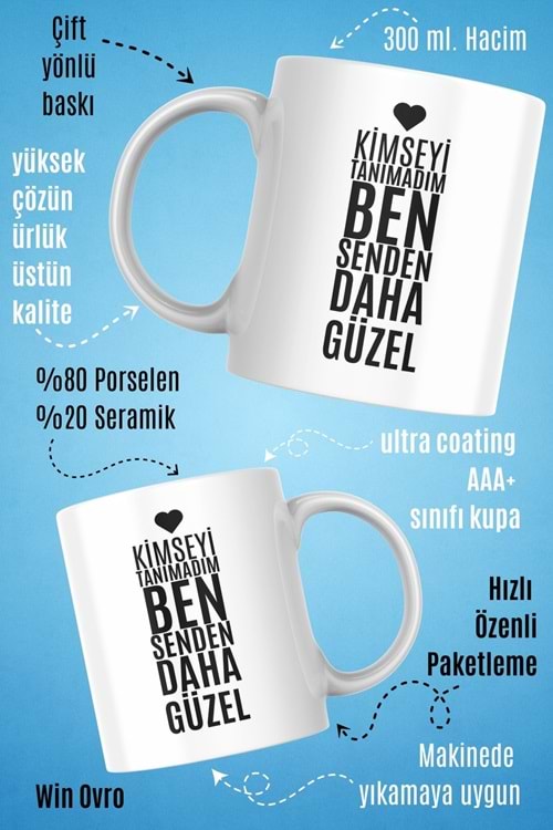 Win Ovro Premium Beyaz Porselen Hediye Kupa Bardak Çift Yön Baskı - Senden Daha Güzel