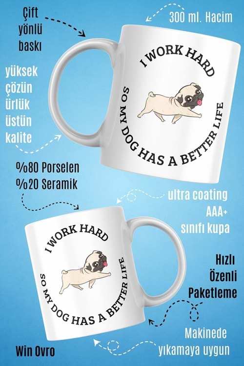 Win Ovro Premium Beyaz Porselen Hediye Çift Yön Baskılı Kupa Bardak - I Work Hard So My Dog