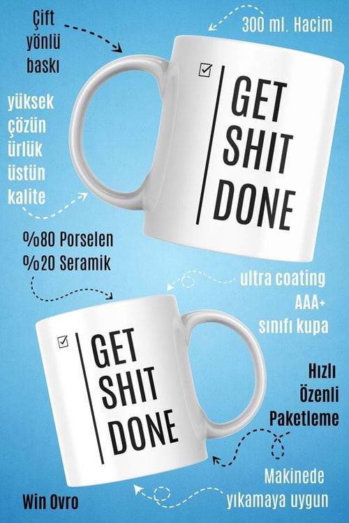 Win Ovro Premium Beyaz Porselen Hediye Çift Yön Baskılı Kupa Bardak - Get Shit Done