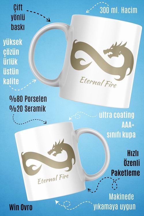 Win Ovro Premium Beyaz Porselen Hediye Çift Yön Baskılı Kupa Bardak - Eternal Fire