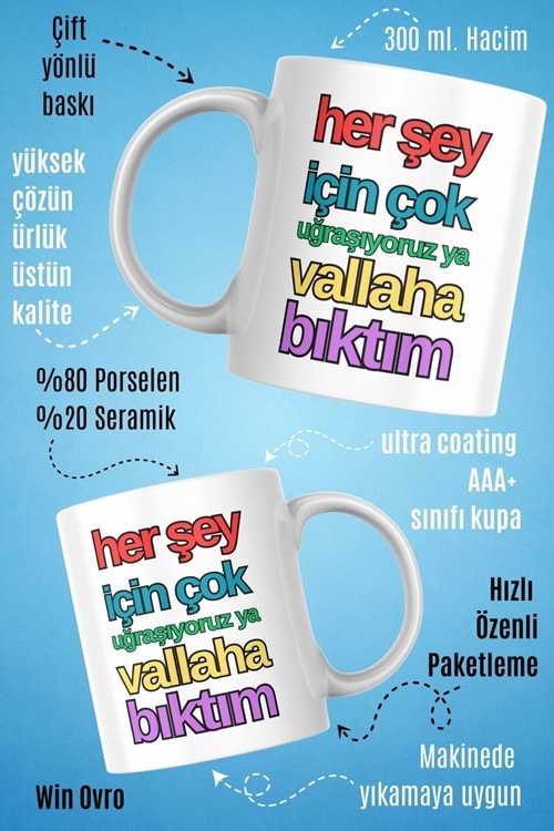 Win Ovro Premium Beyaz Porselen Hediye Çift Yön Baskılı Kupa Bardak - Vallaha Bıktım