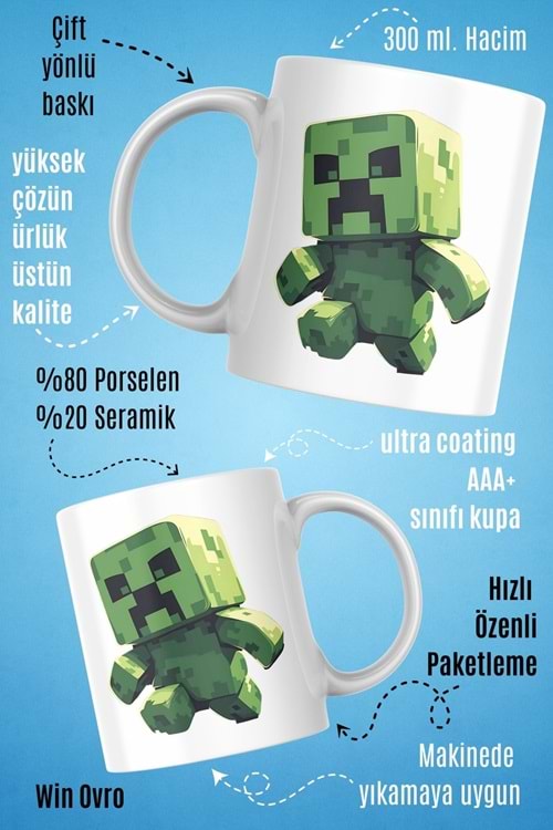 Win Ovro Premium Beyaz Porselen Hediye Çift Yön Baskılı Kupa Bardak - Minecraft 01