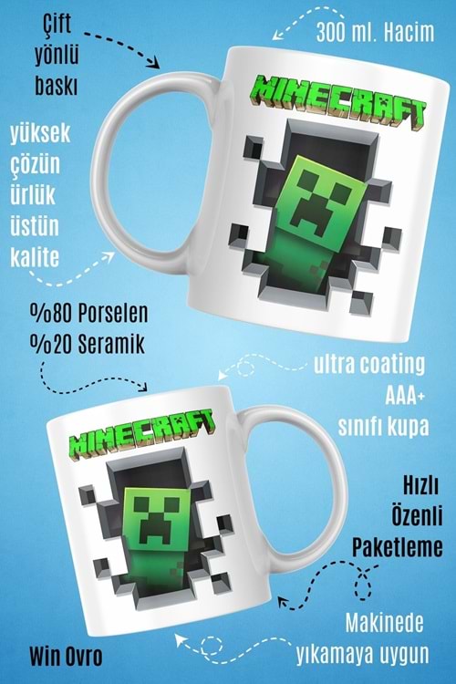 Win Ovro Premium Beyaz Porselen Hediye Çift Yön Baskılı Kupa Bardak - Minecraft 02