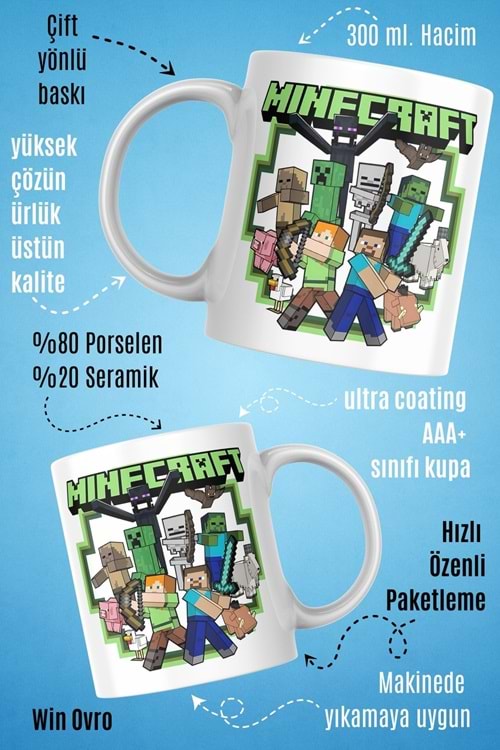 Win Ovro Premium Beyaz Porselen Hediye Çift Yön Baskılı Kupa Bardak - Minecraft 03