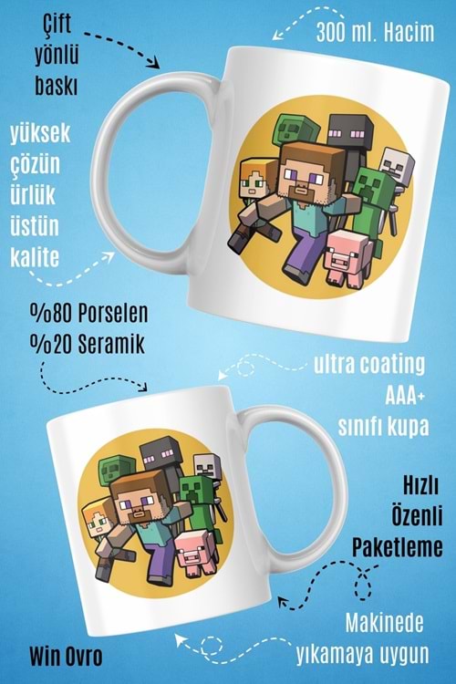 Win Ovro Premium Beyaz Porselen Hediye Çift Yön Baskılı Kupa Bardak - Minecraft 05