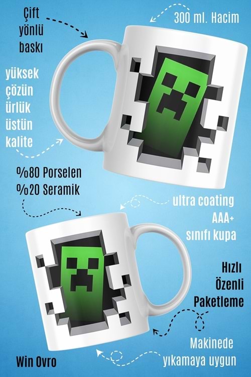Win Ovro Premium Beyaz Porselen Hediye Çift Yön Baskılı Kupa Bardak - Minecraft 06