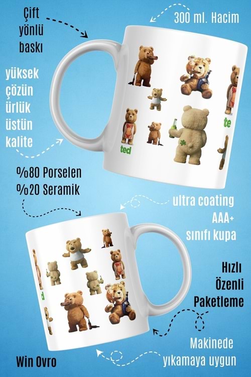 Win Ovro Premium Beyaz Porselen Hediye Çift Yön Baskılı Kupa Bardak - Ayı Teddy Bear 01