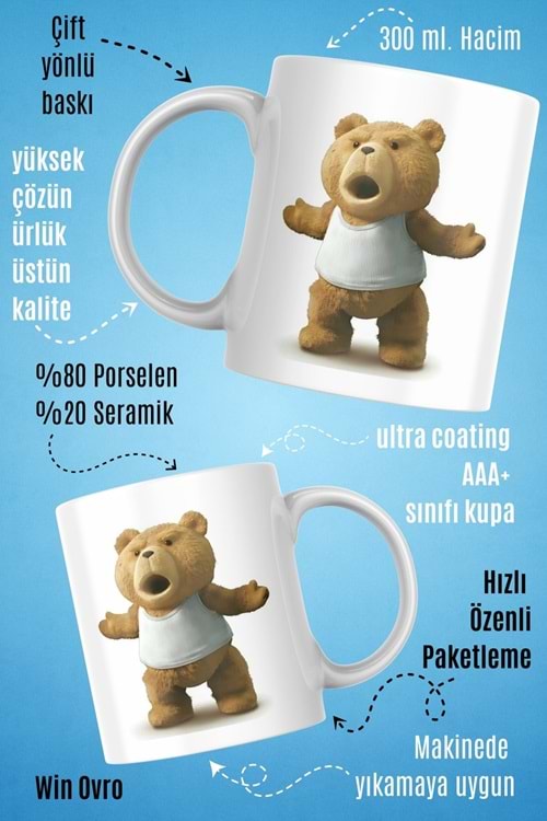 Win Ovro Premium Beyaz Porselen Hediye Çift Yön Baskılı Kupa Bardak - Ayı Teddy Bear 03