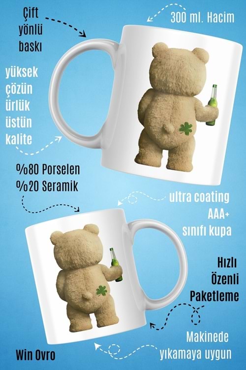 Win Ovro Premium Beyaz Porselen Hediye Çift Yön Baskılı Kupa Bardak - Ayı Teddy Bear 04