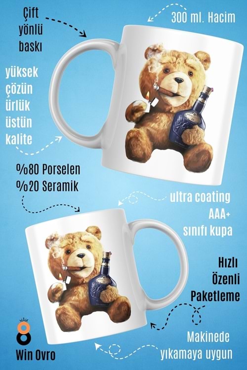 Win Ovro Premium Beyaz Porselen Hediye Çift Yön Baskılı Kupa Bardak - Ayı Teddy Bear 07
