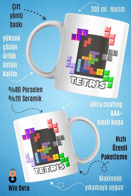 Win Ovro Premium Beyaz Porselen Hediye Çift Yön Baskılı Kupa Bardak - Tetris