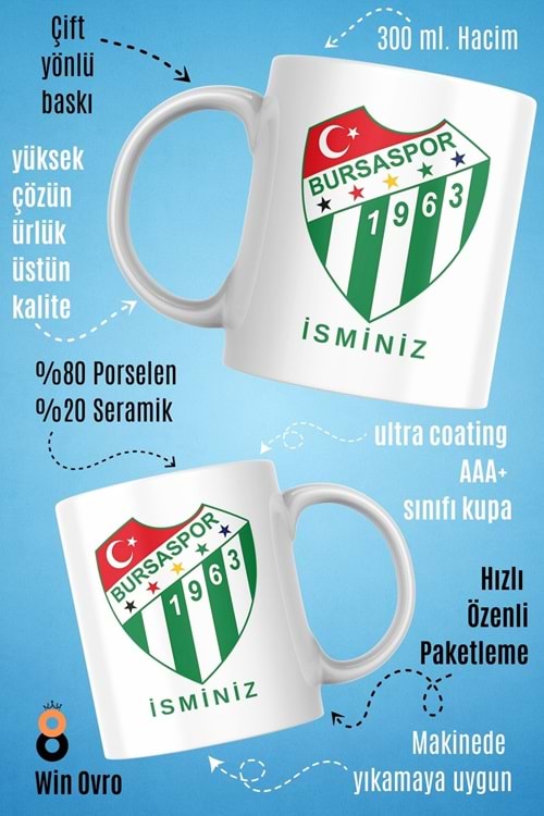 Win Ovro Premium Beyaz Porselen Hediye Çift Yön Baskılı Kupa Bardak - BursaSpor Kişiye Özel İsim