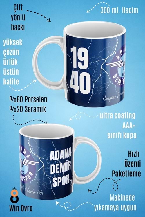 Win Ovro Premium Beyaz Porselen Hediye Çift Yön Baskılı Kupa Bardak - Adana Demirspor Taraftar