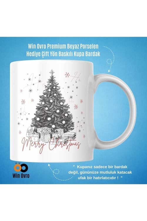 Win Ovro Premium Beyaz Porselen Hediye Çift Yön Baskılı Kupa Bardak - Merry Christmas Happy New Ye